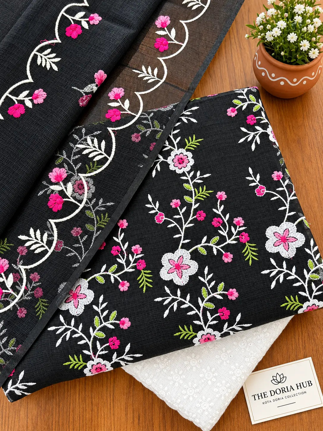 Black Kota Doria Embroidered Dress Material with Dupatta
