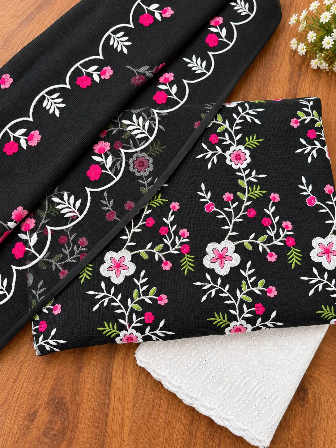Black Kota Doria Embroidered Dress Material with Dupatta