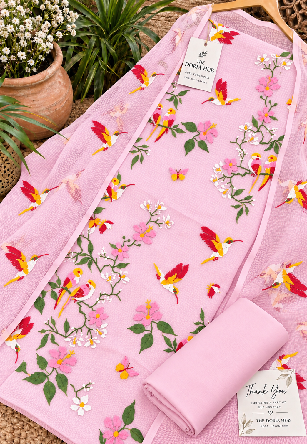 Pink Kota Doria Embroidered Dress Material with Dupatta