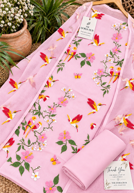 Pink Kota Doria Embroidered Dress Material with Dupatta