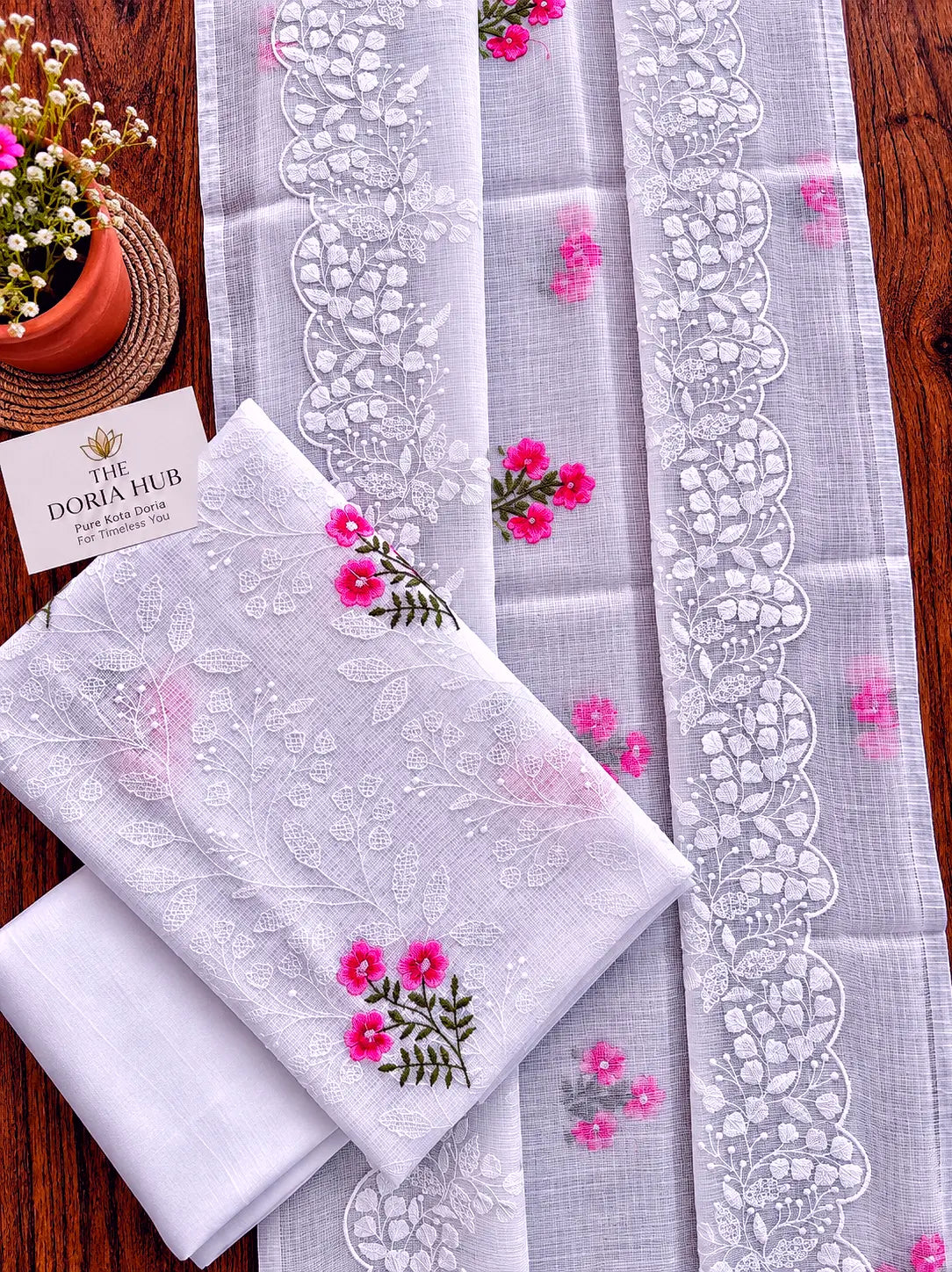 White & Pink Kota Doria Embroidered Dress Material Set
