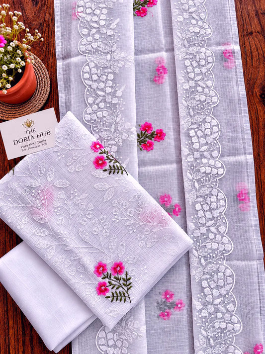 White & Pink Kota Doria Embroidered Dress Material Set
