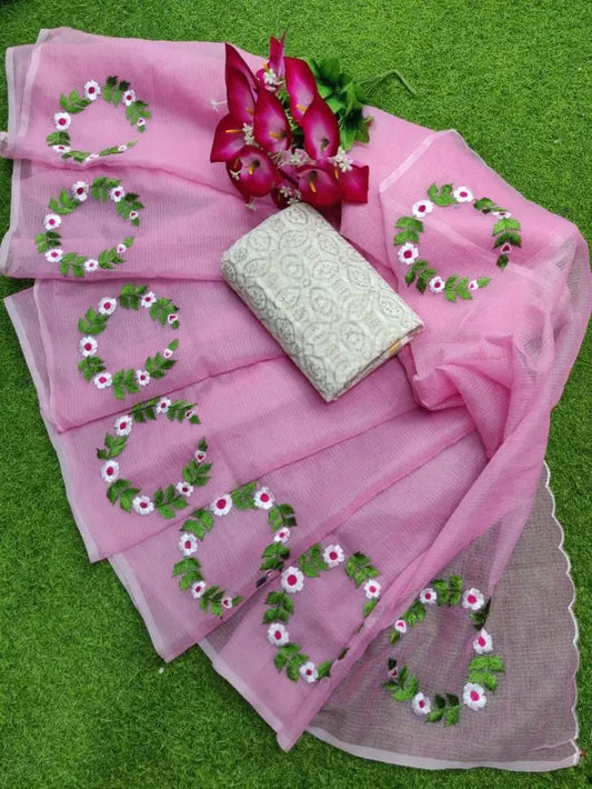 Pink Kota Doria cotton saree with white floral and green leaf embroidery