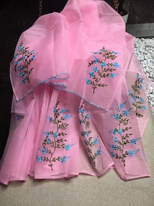 Pink Kota Doria cotton saree with blue floral embroidery and blouse