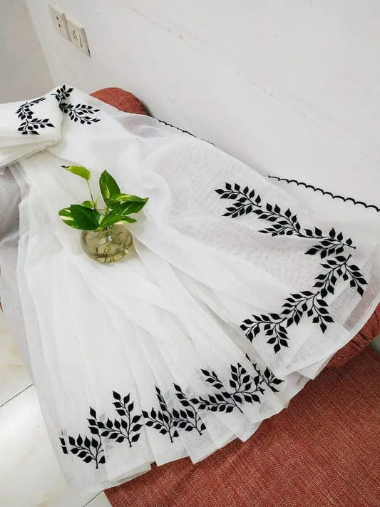 White Kota Doria cotton saree with black leaf embroidery and blouse