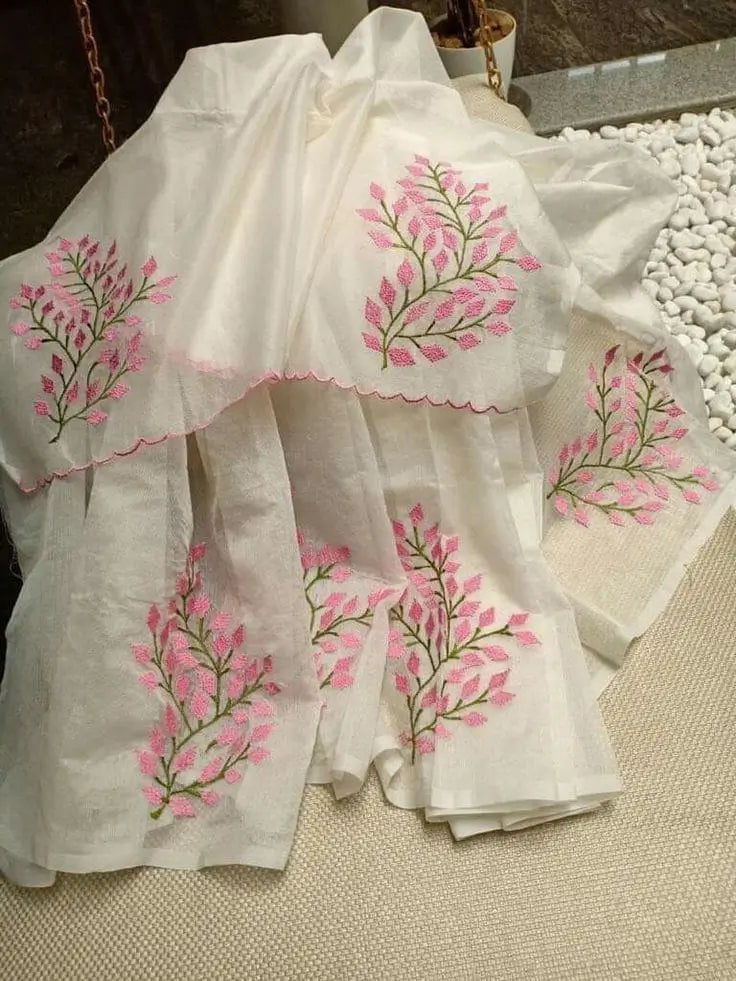 White Kota Doria cotton saree with pink floral embroidery and blouse