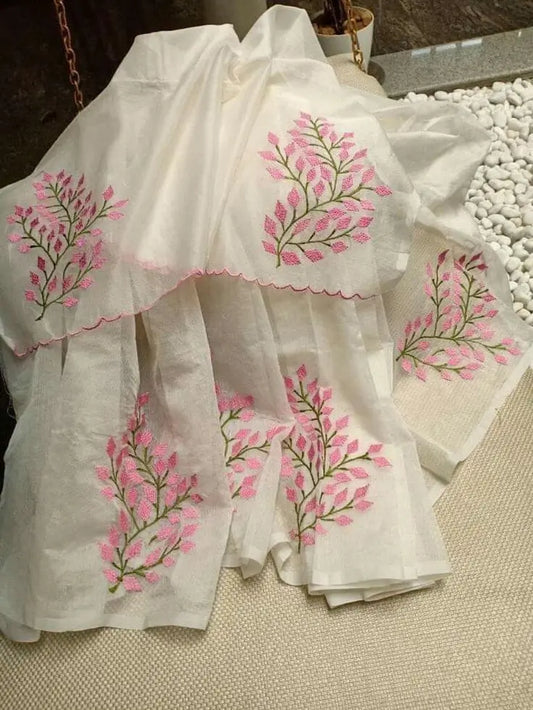 White Kota Doria cotton saree with pink floral embroidery and blouse