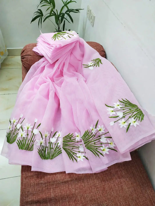 Pink Floral Embroidered Kota Doria Cotton Saree with Blouse