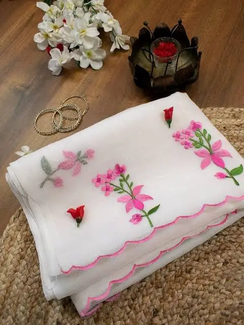 White & Pink Floral Embroidered Kota Doria Cotton Saree with Blouse
