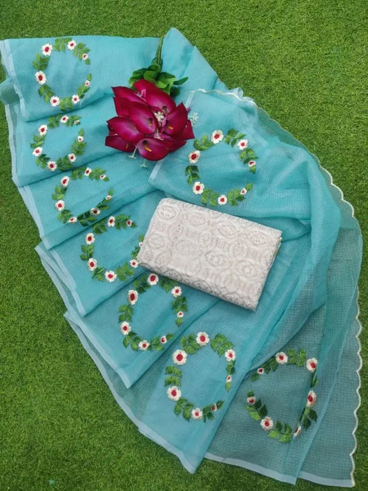 Sky blue Kota Doria cotton saree with white floral and green leaf embroidery