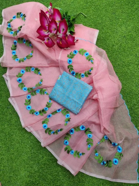 Baby pink Kota Doria cotton saree with blue floral and green leaf embroidery